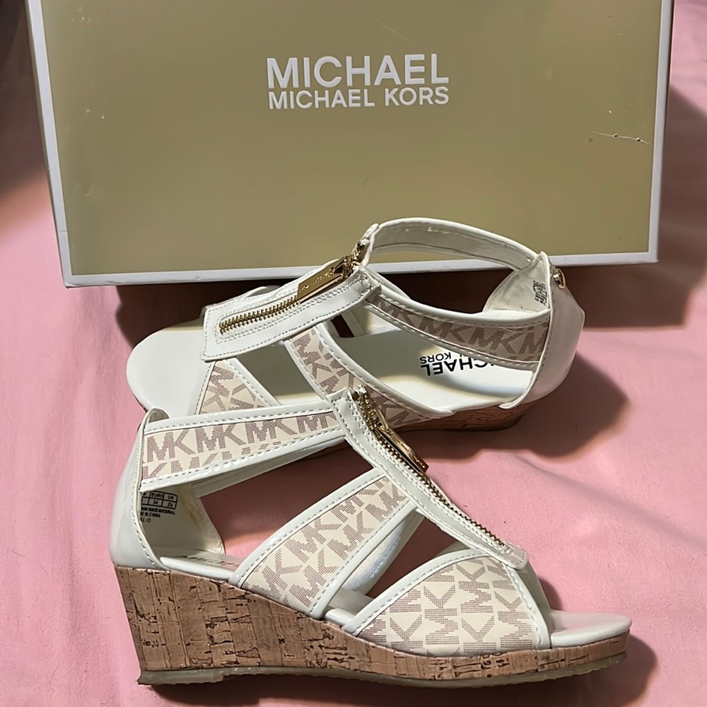 Michael Kors patent white wedge sandals
